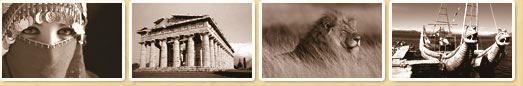 4 sepia images of: (1) Turkish woman in scarf; (2) The Parthenon in Athens, Greece; (3) A Lion in blowing tall grass; (4) two serpent-headed boats at a dock